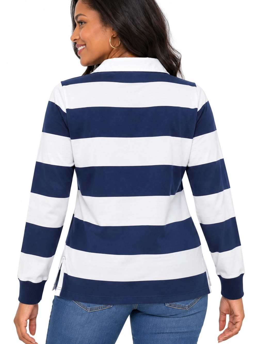Lands' End Navy and White Striped Rugby Shirt - SIZE Medium NWT - Picture 2 of 7